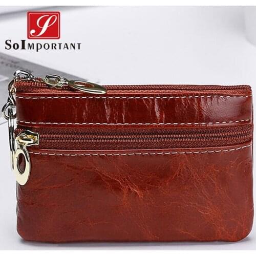 Fashion Women Genuine Oil Wax Leather Small Wallets Money Bags Female Zipper Mini Pocket Lady Card Holder Key Ring Coin Purse