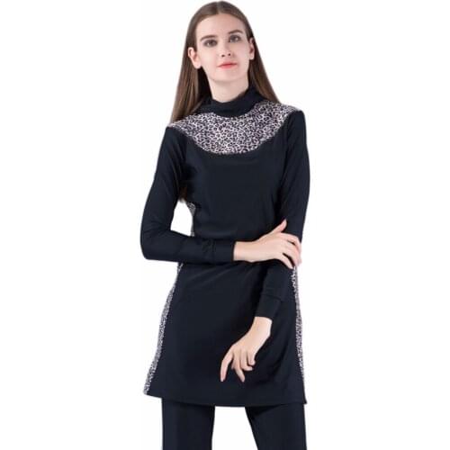 Long Sleeve Muslim Swimwear Leopard Women Islamic Swimming Suit Bathing Suit Modest Swimsuit With Skirt Borkini Mujer Islamico