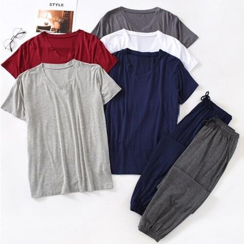 Mens Solid Big Size Sleepwear L-4XL Casual 2PCS Pajamas Set Short Sleeve T-shirt&Pant Nightwear Summer Casual Modal Home Wear