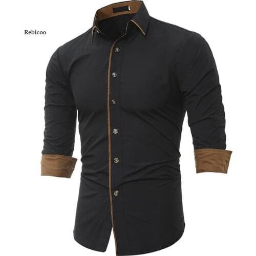 Mens Casual Autumn and Winter New Style Classic Color Matching Personality Trim Long-Sleeved Shirt
