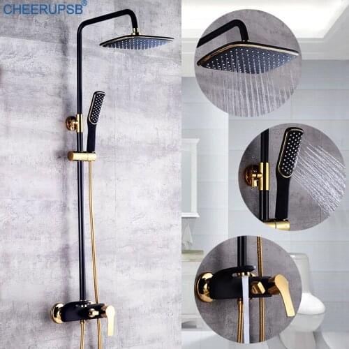 Bathroom Shower Set Black Rain System White Hot Cold Mixer Bath Tap Height Adjustable Wall Mounted Rainfall Set with Hand Shower