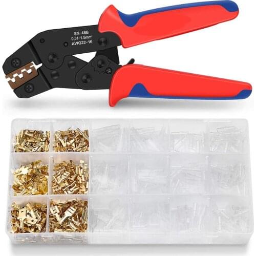 Wire Terminal Crimping Tool Kit, Ratcheting Wire Crimper AWG 22-16(0.5-1.5mm²) with 300PCS Female Male Spade Connectors & Bu