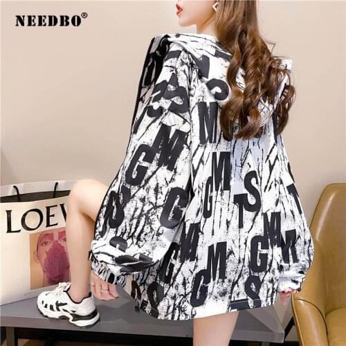 NEEDBO Women Jacket Fashion Hooded Sunscreen Clothing Loose Coat Female Windbreaker Tops Letter Print Outwear Female 2021