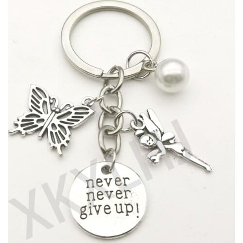 New Cute Butterfly Elf Key Chain Pearl Pendant Keychain Never Give Up Women Bag Charm Jewelry Spring Day Party Souvenir Key Ring