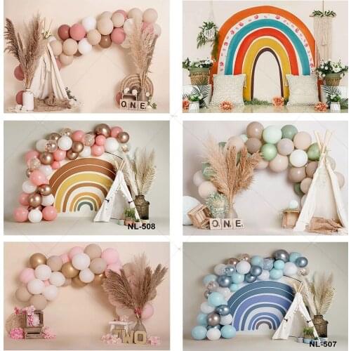 Pink Balloon Backdrop Girl 1st Cake Smash Birthday Decor Rainbow Flowers Vase Reed Bohemia Photography Background Photo Studio
