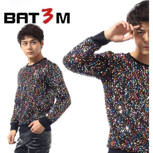 Punk slim sexy sequins shirt men long sleeve multicolor paillette shirt mens personality stage singer dance fashion original