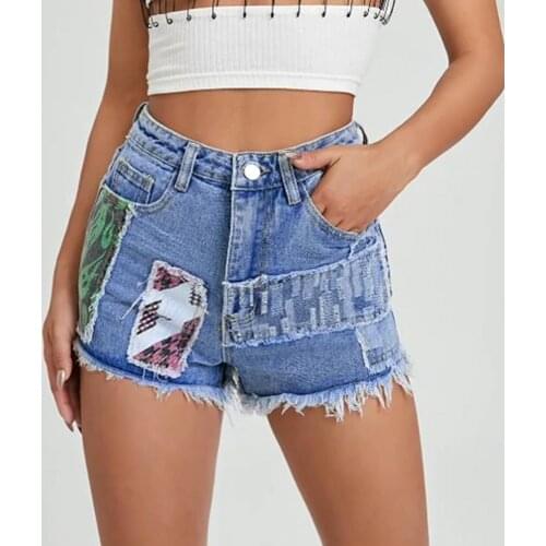 Women Shorts High Waist Denim Pocket Buttons Casual Vintage Printed Tassel Summer Fashion Shorts Ladies Jeans 4 Color