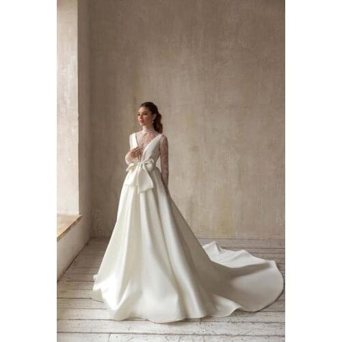 Eslieb custom made satin beads lace a line wedding dress 2022 sexy V-neck Court train wedding dresses Vestido de Noiva
