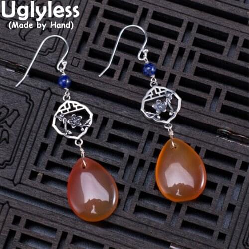 Uglyless Water Drop Agate Earrings for Women China Chic Grilles Thai Silver Plum Blossom Earrings Vintage 925 Silver Brincos