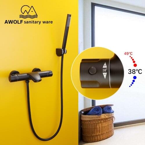 Bathroom Smart Thermostatic Bathtub Faucet Shower Set Black Luxury Mixer Tap With Brass Shower Head Hot And Cold AH3014