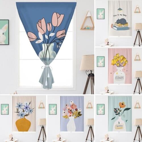 Nordic Door Curtain Cartoon Green Plant Short Curtains Kitchen Shading Curtains Waterproof Velcro Shading Drapes Home Decor