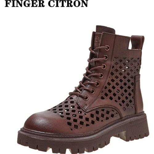 Finger Citron Women Martin Boot For Summer Genuine Cow Leather Round Toe Rubber Outsole By Handmade Lady style Size 35-41