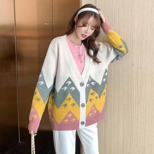 Woman Sweaters Retro Color Matching Jacquard Knitted Cardigan Single-breasted Winter Loose Long-sleeved Sweater Coat Padded Top