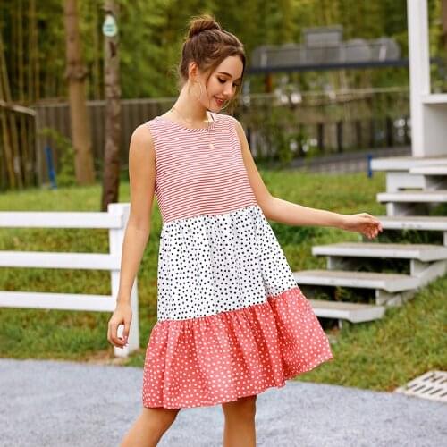 Summer Polka Dot Patchwork Pleated Sexy Dress Women Clothes Sleeveless O-neck Casual Loose Plus Size Ladies Party Dress