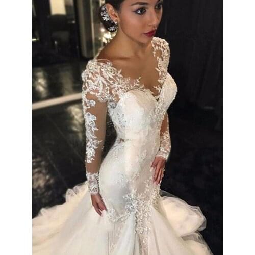 New Elegant Illusion Neckline Mermaid Wedding Dresses Appliques Lace Long Sleeve Bridal Dresses Court Train