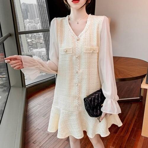 Korean Runway Office Lady Patchwork Tweed Dress Women Chiffon Long Sleeve Slim Waist Buttons Autumn Vintage Vestidos