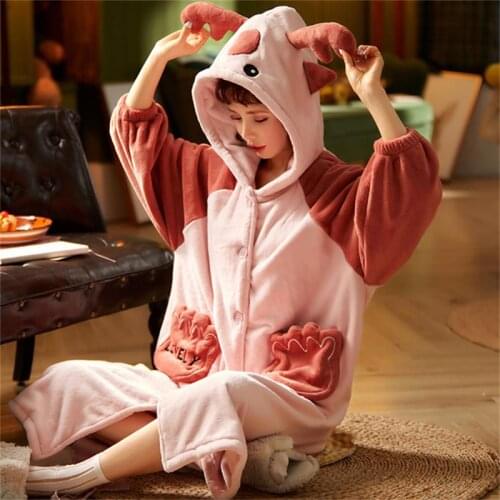 Winter Nightie Warm Nightdress Flannel Dressing-Clothes for Women Robes Deer Bathrobe female Hooded Nightgowns with Ears New Pyj