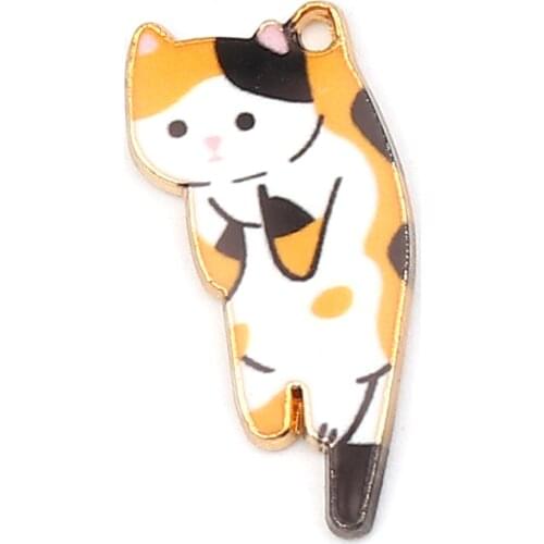 10 PCs Cat Series Zinc Based Alloy Pendant Charms Cat Animal Gold Plated Multicolor Enamel 25mm x 13mm