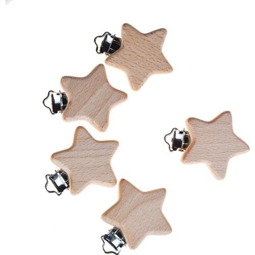 Mabochewing 5pcs 41mm Star Shape Natural Beech Wood Clips Baby Teething Pacifier Chain Holder Clips