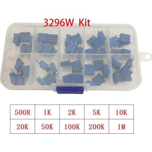 50Pcs/Lot 3296W Multiturn Trimmer Potentiometer Kit High Precision 3296 Variable Resistor 1K 2K 5K 10K 20K 50K 100K 200K 500K 1M