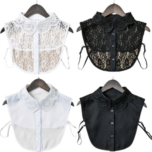Women Elegant Decorative Lapel Half Shirt Blouse Hollow Out Jacquard Floral Lace Breathable Button Down Detachable False