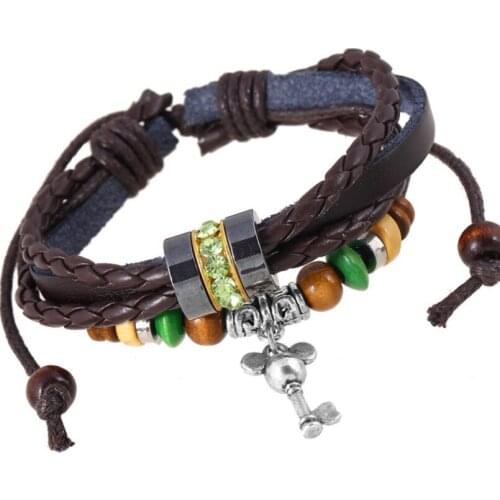 Fashion Women Retro Key Crystal Charms Bracelet Casual Handmade Beads Braided Leather Bangle Wristbands Vintage Hippie Jewelry
