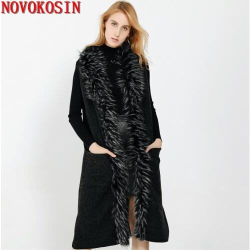 2020 Black With White Long Fur Streetwear Cardigan Poncho Winter Cloak Warm Thick Sleeveless Long Straight Coat With Pocket