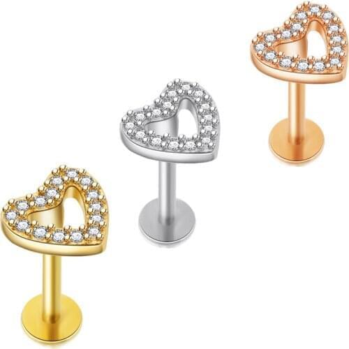 JUNLOWPY Heart Labret Stud Tragus Earring Set 16G CZ Crystal Surgical Steel Helix Cartilage Lip Ring Piercing Body Jewelry 50pcs