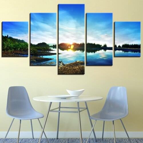 5 Pieces Sunshine Canvas Painting Blue Sky Wallpapers Lake Stream Posters Nature Pictures For Home Room Decor Modern Artwork