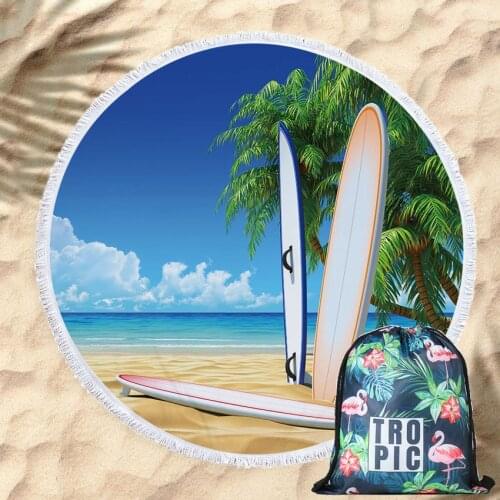 Seawater View Conch Palm Tree Summer Round Beach Towel Wall Tapestry Sports Bikini Cover Yoga Mat With Drawstring Backpack Bag