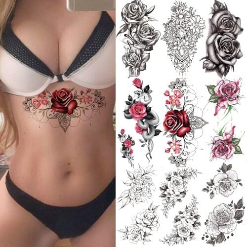 Lace 3D Rose Flower Temporary Tattoo For Women Underboob Girl Snake Henna Peony Tattoos Sticker Balck Fake 3D Chest Tatoos