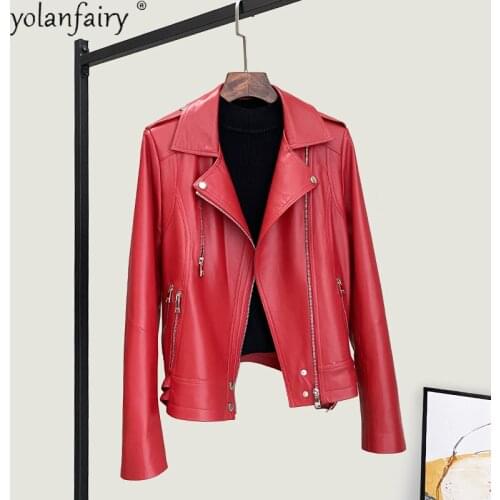 YOLANFAIRY Red Genuine Leather Jacket Women Natural Sheepskin Coat Female Biker Coats and Jackets Spring 2021 Chaquetas De Mujer
