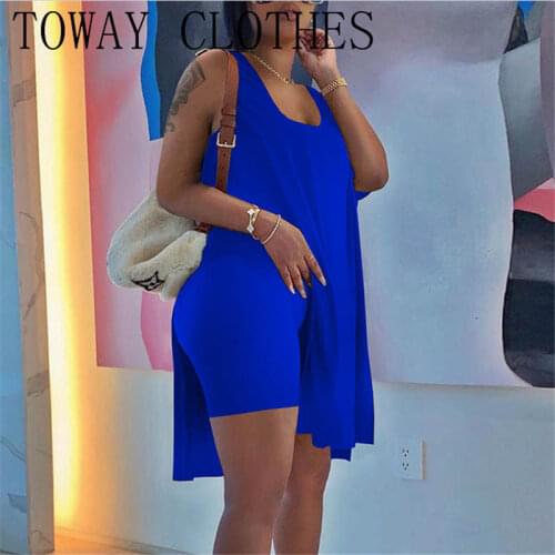 Summer Women Plain Sleeveless U-Neck High Slit Tank Top & Skinny Shorts Set