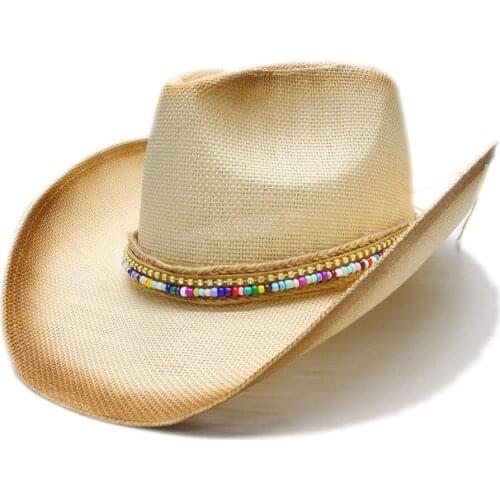 LUCKYLIANJI Womens Mens Summer Straw Beach Cowboy Western Cowgirl Sun Fedora Hat Wood Beads Leather Band (One Size 58cm)
