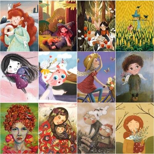 Cartoon Girl Diamand Painting A Little Girl In A Straw Field with Scarecrow Scenery Modern Childrens Room Wall Background Decor