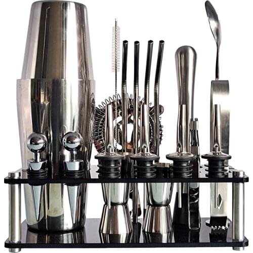 Bartender Kit 20-Piece Boston Cocktail Shaker Set Acrylic Holder for Mixed Drinks Martini Bar Tools Stainless Steel