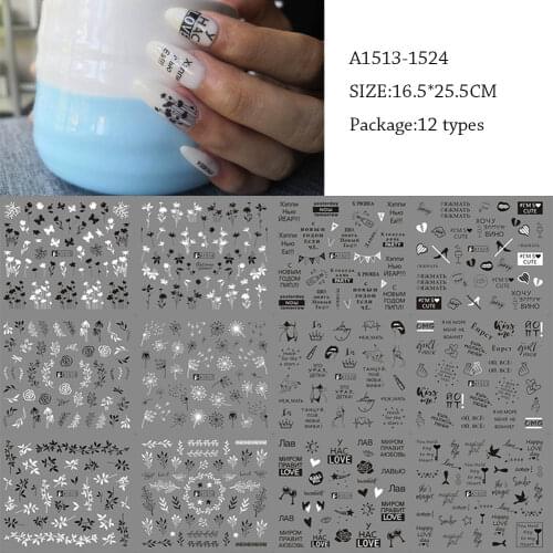 12 Styles Russian Alphabet Nail Sticker Decals Black White Plants Leaves Inscriptions Butterfly liders Manicure Decoration Toatt
