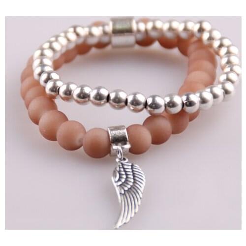 New Arrive Alloy wing, letter words Charm and matt Glass Beads women Stretch Bracelet