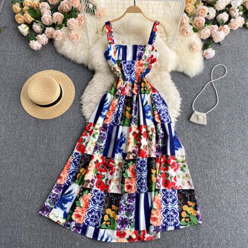 New Summer Retro Floral Print Elegant Women Sleeveless High-waisted Spaghetti Straps Dress Ladies Holiday Party Dresses