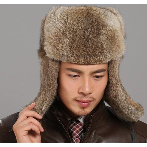 New Russian Trapper Hat For Men Genuine Fur Thicken Male Winter Real Rabbit Fur Hats Winter Outdoor Leather Bomber Hats Men