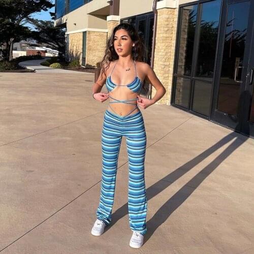 Sexy Fashion Trousers Casual Female Trousers Streetwear Striped Bandage Pants For Women Y2K Blue Long Wide Leg Vintage Summer
