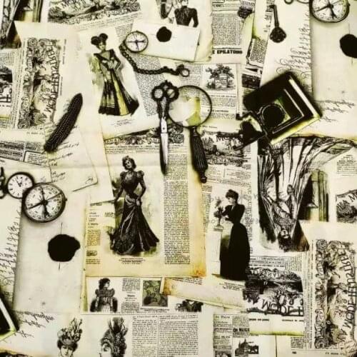 Retro Newspaper Women Clock Print 100% Cotton Fabric for Girl Clothes Hometextile Cushion Cover Curtain DIY 105cm Width
