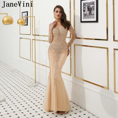 JaneVini New Luxury Long Sleeves Evening Dresses 2019 Sexy Deep V Neck Shiny Beaded Crystal Mermaid Sweep Train Prom Party Gowns