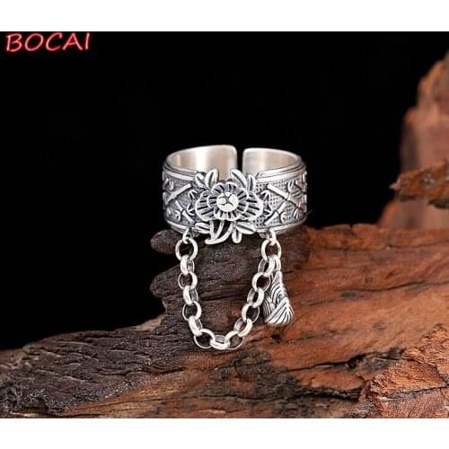 S925 silver distressed bamboo link chain ring fashion retro womens open jewelry