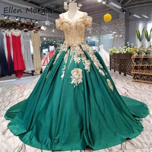 Dark Green Satin Ball Gowns Wedding Dresses 2020 Gold Lace Appliques Beading Vestidos De Novia Ruffles Bridal Ball Gowns