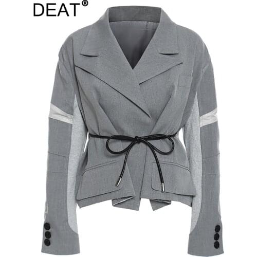 DEAT 2021 new autumn and winter notched collar contrast colors spliced gray short waist jacket female top WT01002L