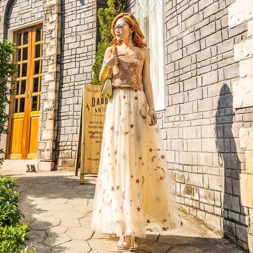 Womens Long Skirts with Sequins Office Ladies Spring Fashion Sweet Party Skirt Star Autumn Embroidery Clothing LWL368