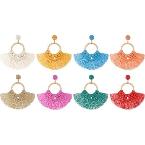 Summer Boho Fan Fringe Tie dye Tassel Earrings for Women Circle Natural Wood Statement Boutique Famous Brand Jewelry Wholesale