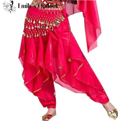Women Belly Dance Harem Pants Tribal Baggy Arabic Halloween Pants With Golden Trim (Coin Belt Not Included)