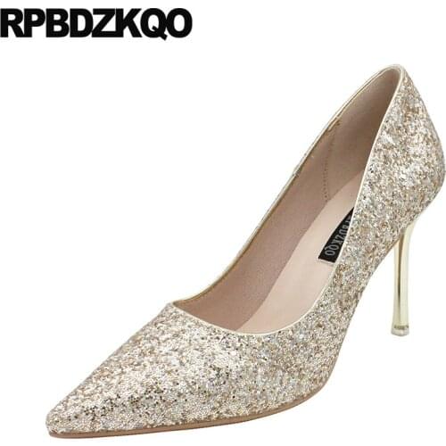 Women 2021 Stiletto Pumps 8cm Pointed Toe High Heels Silver Bridal Size 4 34 Gold Shoes Wedding Scarpin Golden Glitter Slip On